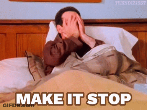 A Man Covering His Face In Bed With The Words Make It Stop GIF