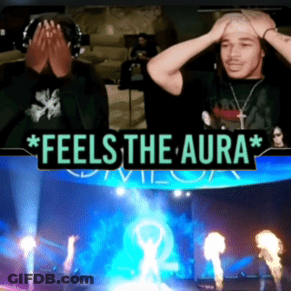 A Man Covering His Face Next To A Sign That Says * Feels The Aura* GIF