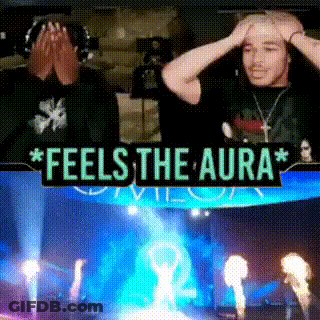 A Man Covering His Face With His Hands And A Sign That Says Feels The Aura GIF