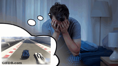 A Man Covering His Face With His Hands And A Thought Bubble With A Race Car In The Background GIF