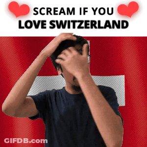 A Man Covering His Face With His Hands In Front Of A Swiss Flag With The Words " Scream If You Love Switzerland " GIF