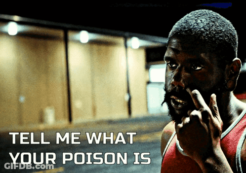 A Man Covering His Nose With His Finger And The Words Tell Me What Your Poison Is GIF