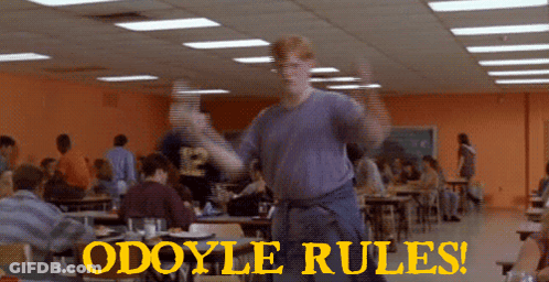 A Man Dancing In A Cafeteria With The Words Odoyle Rules GIF