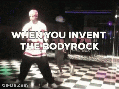 A Man Dancing On A Checkered Floor With The Words When You Invent The Bodyrock GIF