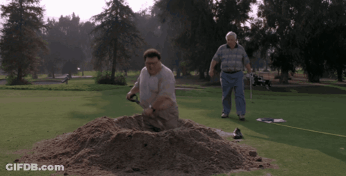A Man Digging A Hole On A Golf Course With The Words Qu'est Ce Que Vous Faites GIF