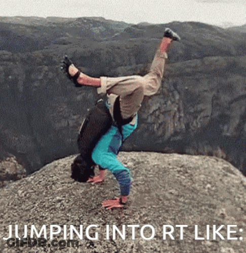 A Man Doing A Handstand On Top Of A Rock With The Words Jumping Into Rt Like GIF