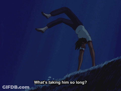 A Man Doing A Handstand With The Words " Maybe He Got Pooped Out And Went Back Without Me " GIF