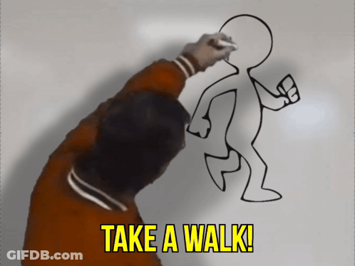 A Man Draws A Cartoon Figure With The Words Take A Walk Below It GIF