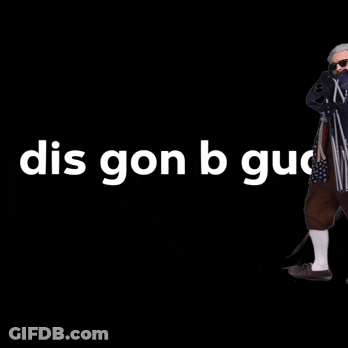 A Man Dressed As Benjamin Franklin Is Standing Next To A Folding Chair With The Words " On B Gud " On The Bottom GIF