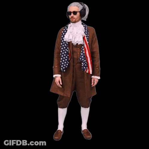 A Man Dressed As Benjamin Franklin Is Standing Next To A Smaller Version Of Him GIF