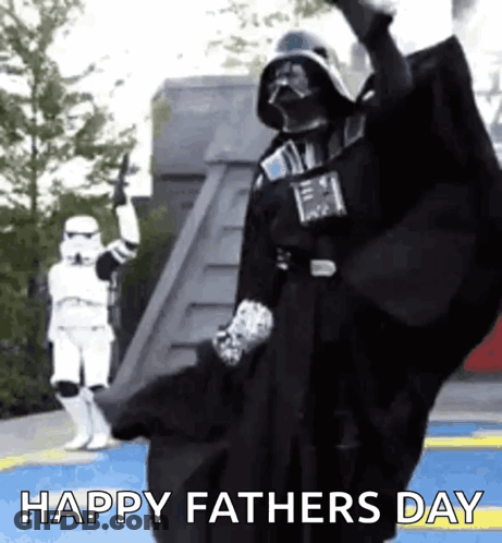 A Man Dressed As Darth Vader Is Standing Next To A Storm Trooper And Says Happy Father 'S Day . GIF
