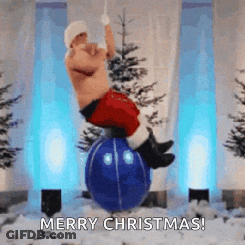 A Man Dressed As Santa Claus Is Balancing On A Blue Ball With Merry Christmas Written Below Him GIF
