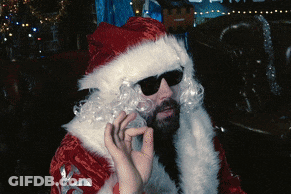 A Man Dressed As Santa Claus With Sunglasses And A Beard GIF