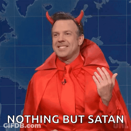 A Man Dressed In A Devil Costume Says " Nothing But Satan " GIF