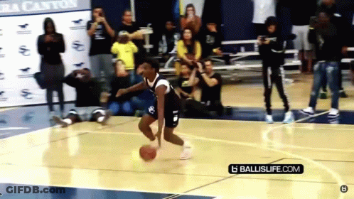 A Man Dribbles A Basketball On A Basketball Court With A Ballislife.com Logo In The Corner GIF