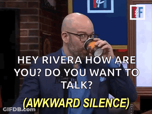 A Man Drinking A Cup Of Coffee With The Words Hey Rivera How Are You Do You Want To Talk GIF