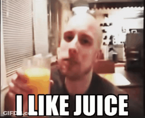 A Man Drinking A Glass Of Orange Juice With The Words I Like Juice Above Him GIF