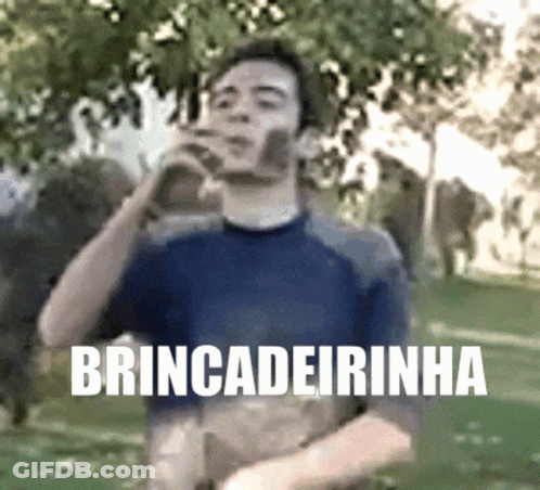 A Man Drinking From A Bottle With The Word Brincadeirainha Written Below Him GIF