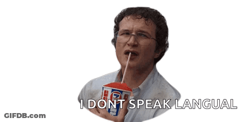 A Man Drinking From A Cup That Says I Do N't Speak Language GIF