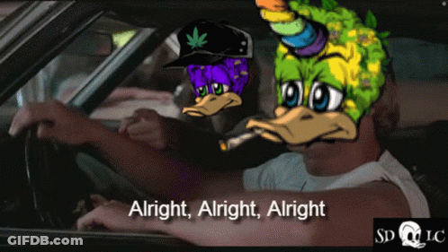 A Man Driving A Car With A Cartoon Duck Smoking A Cigarette And The Words " Alright Alright Alright " Below Him GIF