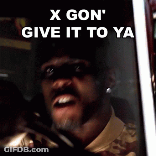 A Man Driving A Car With The Words " X Gon ' Give It To Ya " On The Screen GIF