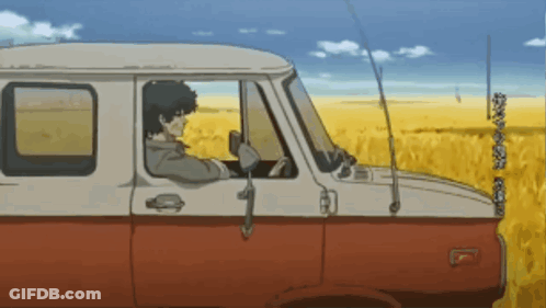 A Man Driving A Red And White Van In A Field GIF