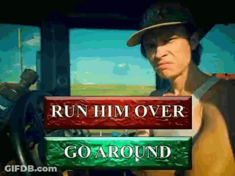 A Man Driving A Tractor With A Run Him Over And Go Around Button Below Him GIF