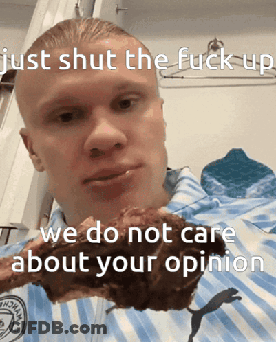 A Man Eating A Piece Of Meat With The Caption Just Shut The Fuck Up GIF