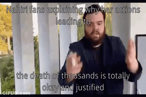 A Man Explaining Why Her Actions Leading To The Death Of Thousands Is Totally Okay GIF