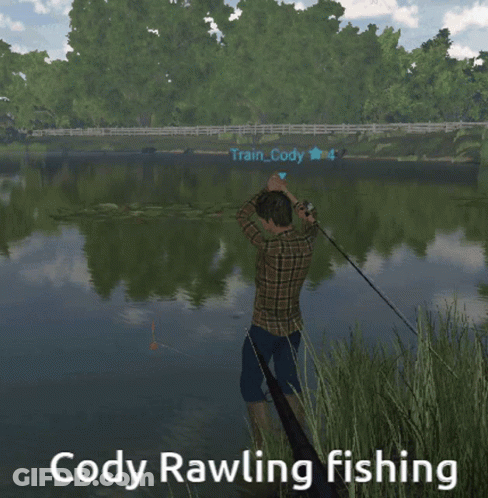 A Man Fishing In A Video Game With The Name Cody Rawling Fishing GIF