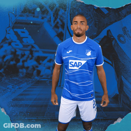 A Man Flexes His Muscles In A Blue Shirt That Says Sap GIF