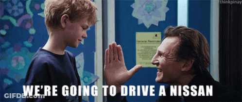 A Man Giving A Child A High Five With The Words We 'Re Going To Drive A Nissan GIF