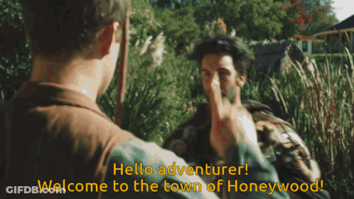 A Man Giving A High Five To Another Man With The Words Hello Adventurer Welcome To The Town Of Honeywood GIF