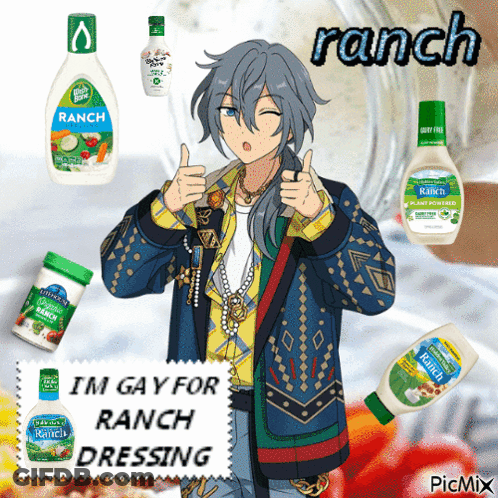 A Man Giving A Thumbs Up Next To Ranch Dressing Bottles GIF