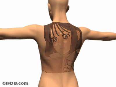 A Man Has A Tattoo Of A Girl With A Book On His Back GIF