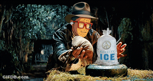 A Man Holding A Bag Of Ice With A Peace Symbol On It GIF