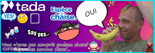 A Man Holding A Banana With A Speech Bubble That Says " Oui " GIF
