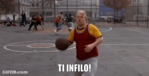 A Man Holding A Basketball On A Basketball Court With The Words Ti Infilo Written On The Bottom GIF