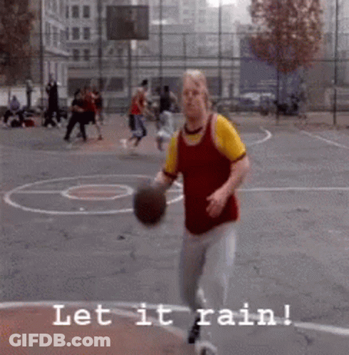 A Man Holding A Basketball On A Court With The Words Let It Rain GIF