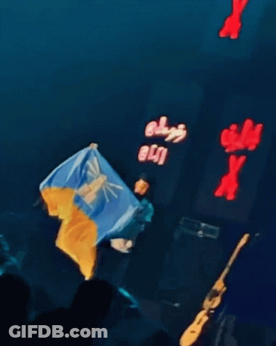 A Man Holding A Blue And Yellow Flag On Stage GIF