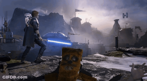 A Man Holding A Blue Lightsaber In A Video Game With A Teddy Bear In The Foreground GIF