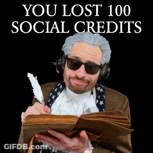 A Man Holding A Book And A Pen With The Words You Lost 100 Social Credits Behind Him GIF