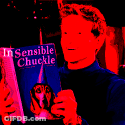 A Man Holding A Book Titled Insensible Chuckle GIF