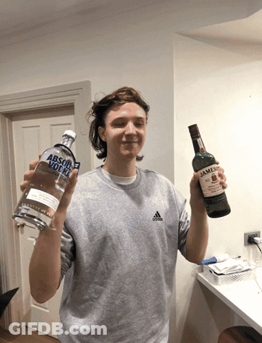 A Man Holding A Bottle Of Absolut Vodka Next To A Bottle Of Jameson GIF