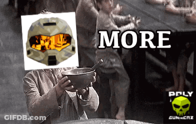 A Man Holding A Bowl With A Picture Of A Helmet On His Face And The Word More Written Above Him GIF