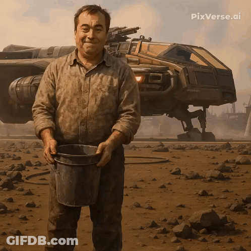 A Man Holding A Bucket In Front Of A Futuristic Vehicle With Pixverse.ai Written On The Bottom GIF