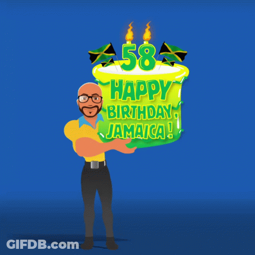 A Man Holding A Cake That Says Happy Birthday Jamaica On It GIF