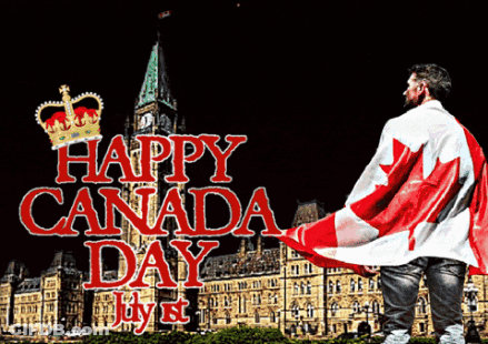 A Man Holding A Canadian Flag Stands In Front Of A Sign That Says Happy Canada Day GIF