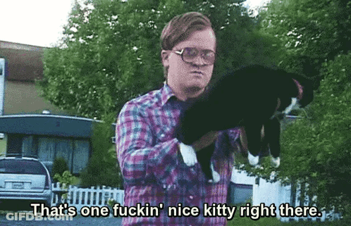 A Man Holding A Cat With The Words That 'S One Fuckin ' Nice Kitty Right There Below Him GIF