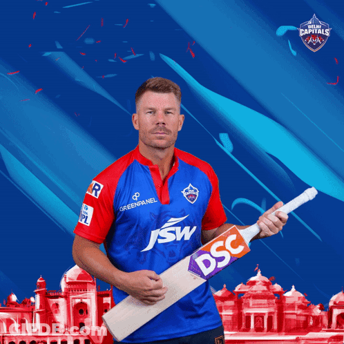 A Man Holding A Cricket Bat That Says Dsc On The Side GIF